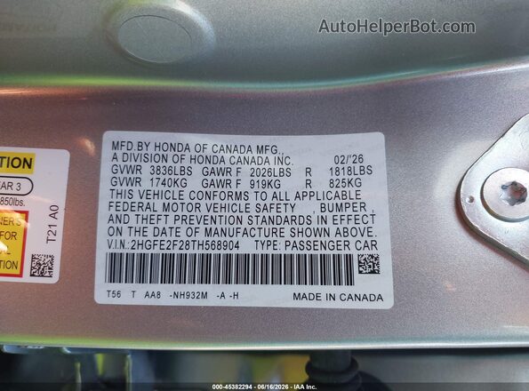 2HGFE2F28TH568904 2026 HONDA CIVIC Silver Շարժիչի բաժամունքի տեսք