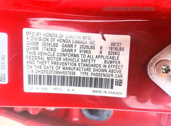 2HGFE2F29NH507936 2022 HONDA CIVIC Red Widok komory silnika
