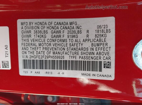 2HGFE2F29PH559926 2023 HONDA CIVIC Red Widok komory silnika