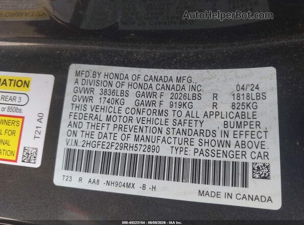 2HGFE2F29RH572890 2024 HONDA CIVIC Blue ძრავის განყოფილების ხედი