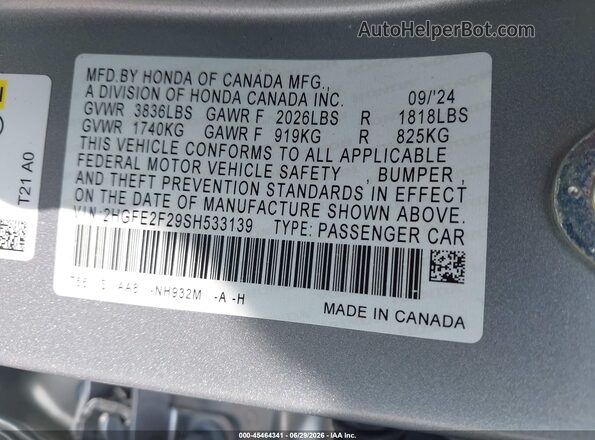 2HGFE2F29SH533139 2025 HONDA CIVIC Silver Widok komory silnika