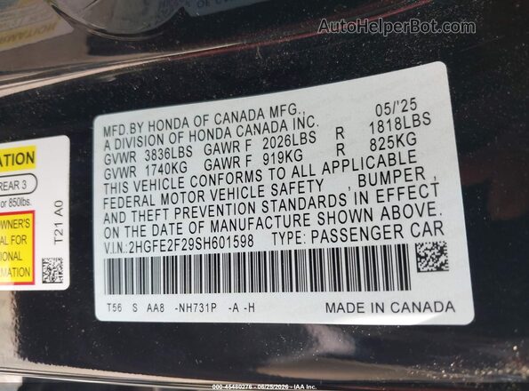 2HGFE2F29SH601598 2025 HONDA CIVIC Black ძრავის განყოფილების ხედი