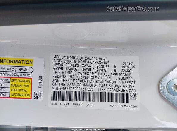 2HGFE2F29TH517220 2026 HONDA CIVIC White Շարժիչի բաժամունքի տեսք