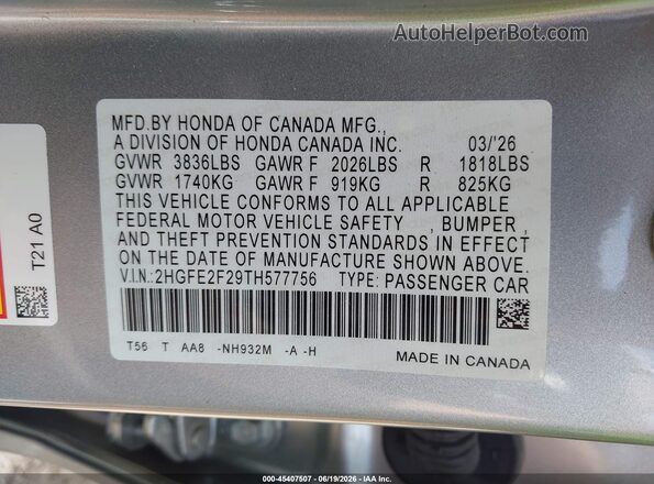2HGFE2F29TH577756 2026 HONDA CIVIC Silver Vista del compartimento del motor