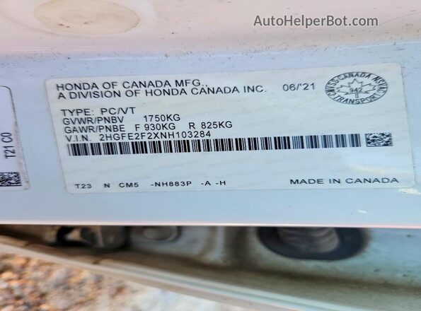 2HGFE2F2XNH103284 2022 HONDA CIVIC Белый 