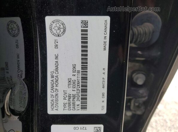 2HGFE2F2XNH111188 2022 HONDA CIVIC Black 