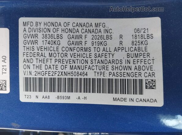 2HGFE2F2XNH508464 2022 HONDA CIVIC Blue Շարժիչի բաժամունքի տեսք