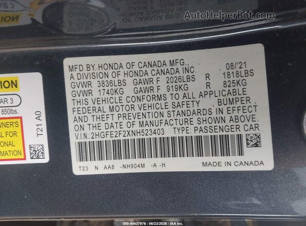 2HGFE2F2XNH523403 2022 HONDA CIVIC Gray Engine compartment view