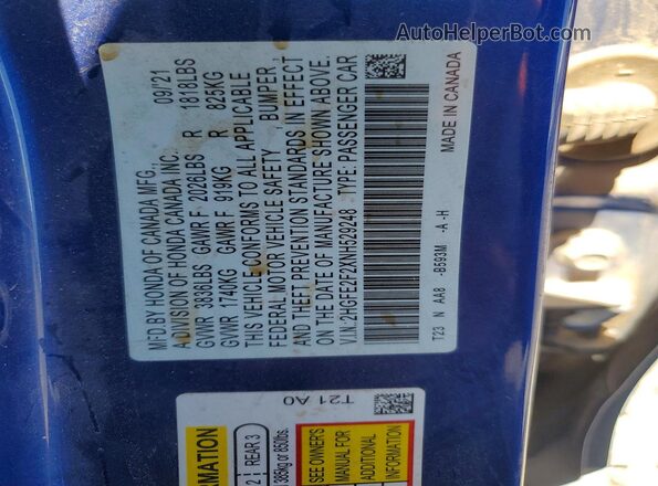 2HGFE2F2XNH529248 2022 HONDA CIVIC Blue 