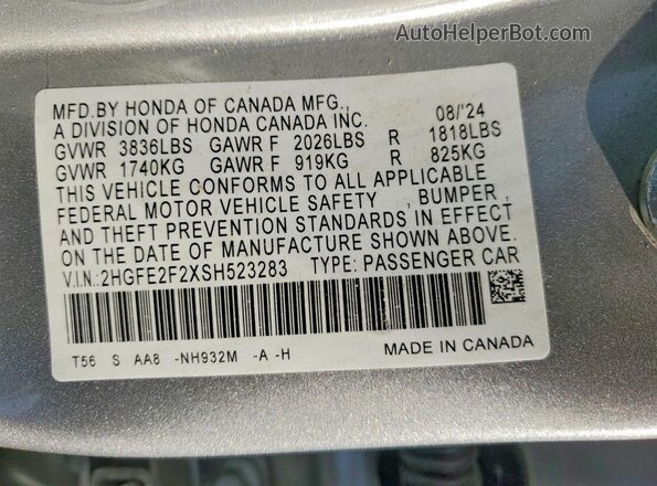 2HGFE2F2XSH523283 2025 HONDA CIVIC Silver ძრავის განყოფილების ხედი