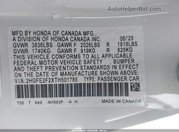 2HGFE2F2XTH501785 2026 HONDA CIVIC White Вид підкапотного простору