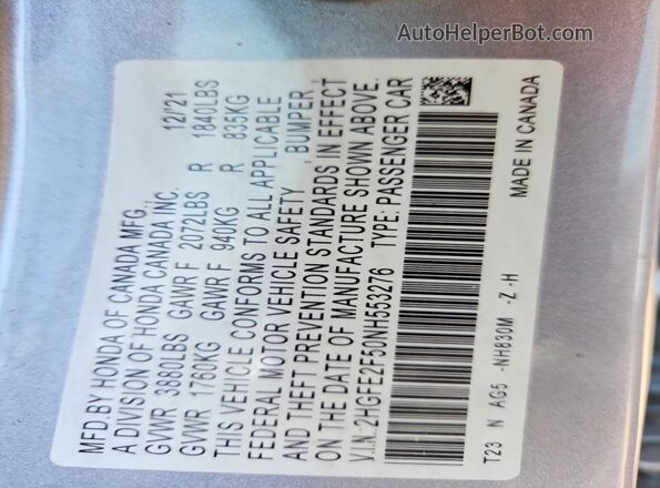 2HGFE2F50NH553276 2022 HONDA CIVIC Silver 