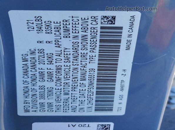 2HGFE2F50NH555139 2022 HONDA CIVIC Серый 