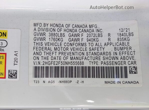 2HGFE2F50NH555688 2022 HONDA CIVIC White ძრავის განყოფილების ხედი