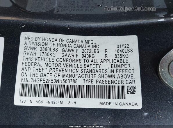 2HGFE2F50NH563788 2022 HONDA CIVIC Gray Engine compartment view