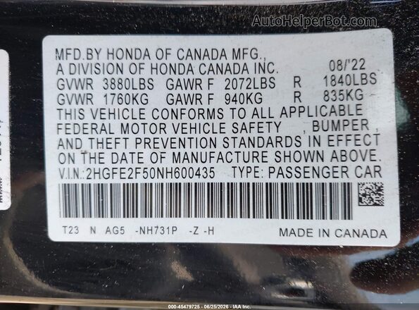 2HGFE2F50NH600435 2022 HONDA CIVIC Black Vista del compartimento del motor