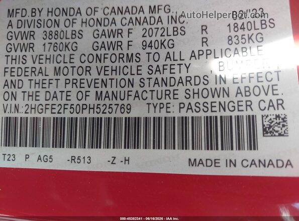 2HGFE2F50PH525769 2023 HONDA CIVIC Красный Вид подкапотного пространства