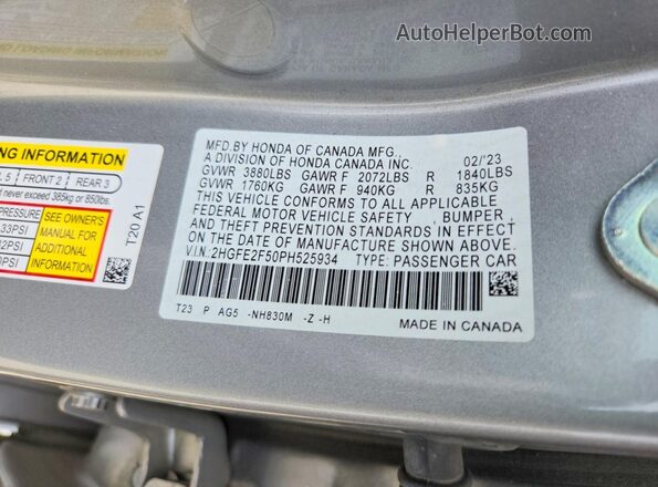 2HGFE2F50PH525934 2023 HONDA CIVIC Silver 