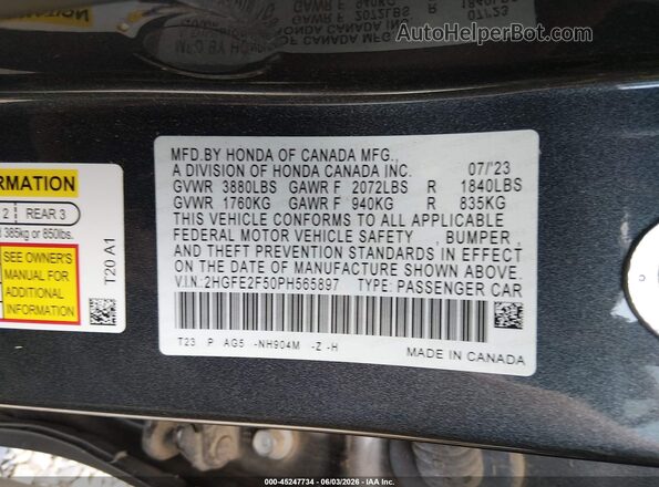 2HGFE2F50PH565897 2023 HONDA CIVIC Gray Vista del compartimento del motor