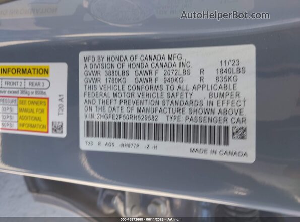 2HGFE2F50RH529582 2024 HONDA CIVIC Gray Widok komory silnika