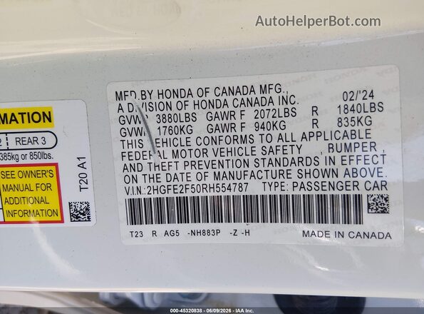 2HGFE2F50RH554787 2024 HONDA CIVIC Белый Вид подкапотного пространства