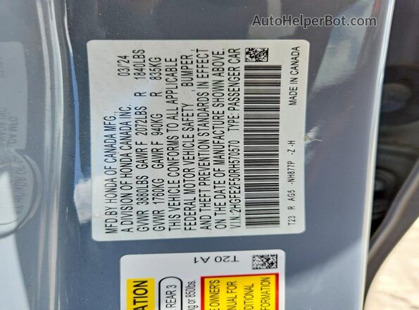 2HGFE2F50RH570570 2024 HONDA CIVIC Black VIN კოდის სტიკერის ხედი