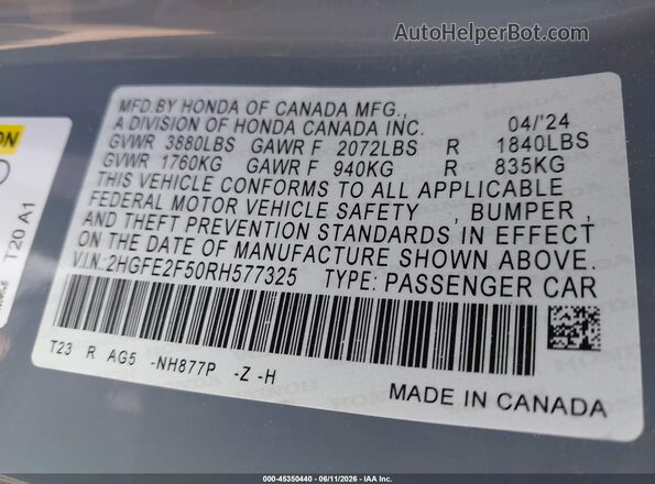2HGFE2F50RH577325 2024 HONDA CIVIC Gray Engine compartment view