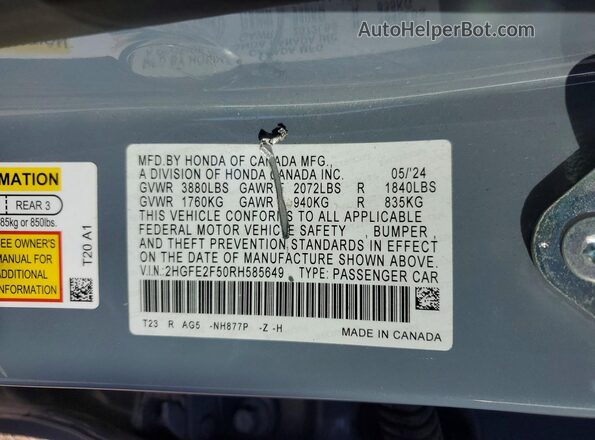 2HGFE2F50RH585649 2024 HONDA CIVIC Gray Vista del compartimento del motor
