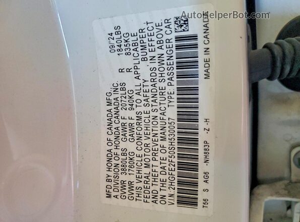 2HGFE2F50SH530057 2025 HONDA CIVIC White Вид наклейки з VIN-кодом