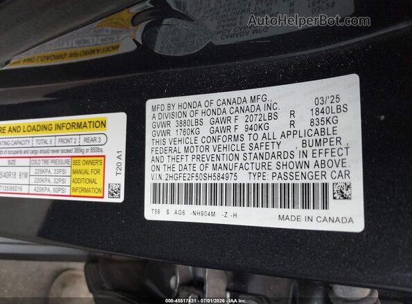 2HGFE2F50SH584975 2025 HONDA CIVIC Gray Widok komory silnika