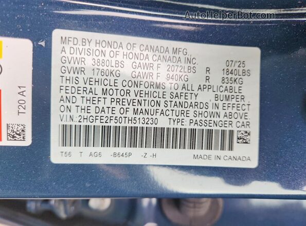 2HGFE2F50TH513230 2026 HONDA CIVIC Blue Widok komory silnika