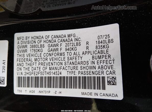 2HGFE2F50TH514524 2026 HONDA CIVIC Black Widok komory silnika