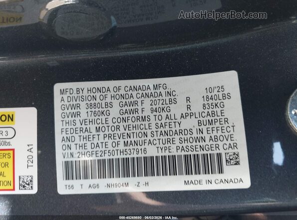 2HGFE2F50TH537916 2026 HONDA CIVIC Gray Widok komory silnika