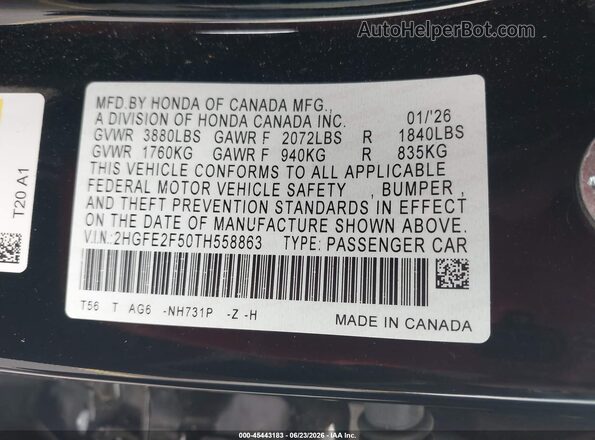 2HGFE2F50TH558863 2026 HONDA CIVIC Черный Вид подкапотного пространства