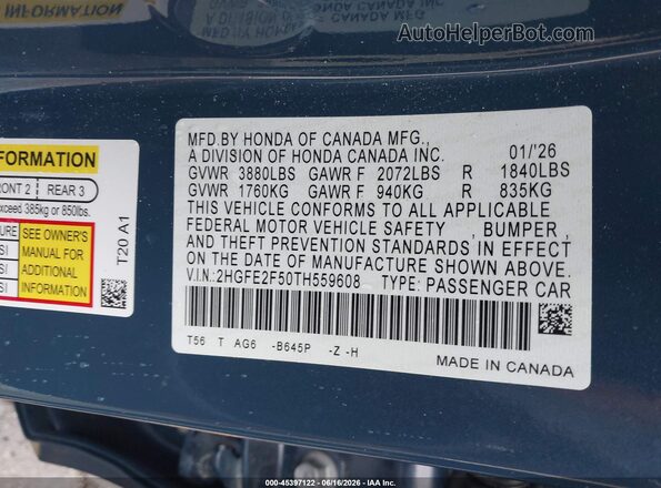 2HGFE2F50TH559608 2026 HONDA CIVIC Blue Շարժիչի բաժամունքի տեսք