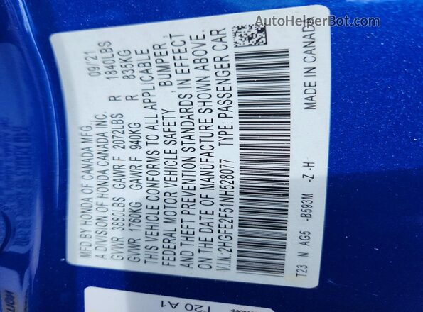 2HGFE2F51NH528077 2022 HONDA CIVIC Blue Widok komory silnika