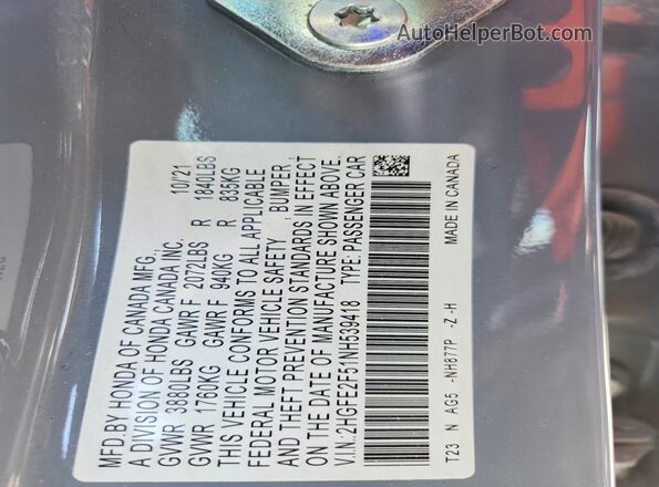 2HGFE2F51NH539418 2022 HONDA CIVIC Gray Engine compartment view