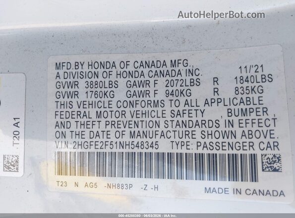 2HGFE2F51NH548345 2022 HONDA CIVIC White Շարժիչի բաժամունքի տեսք