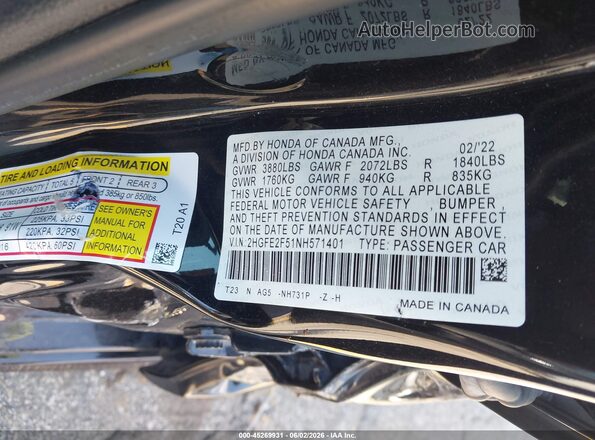 2HGFE2F51NH571401 2022 HONDA CIVIC Черный Вид подкапотного пространства