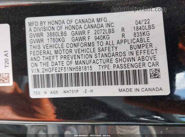 2HGFE2F51NH581815 2022 HONDA CIVIC Black Vista del compartimento del motor