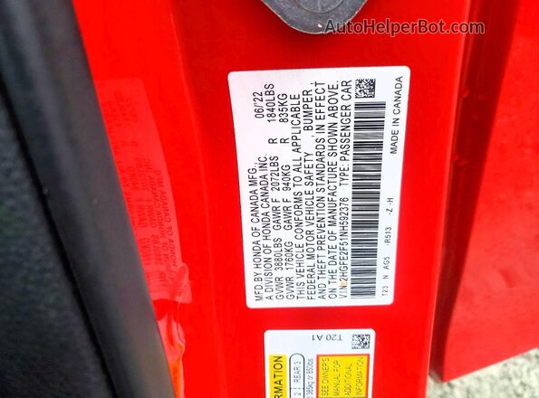 2HGFE2F51NH592376 2022 HONDA CIVIC Red VIN sticker view