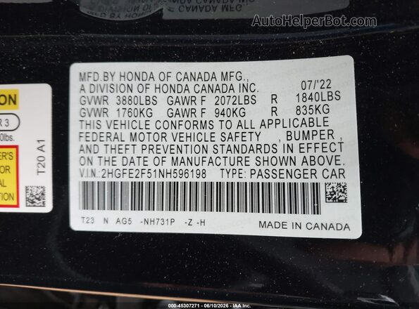 2HGFE2F51NH596198 2022 HONDA CIVIC Black Vista del compartimento del motor