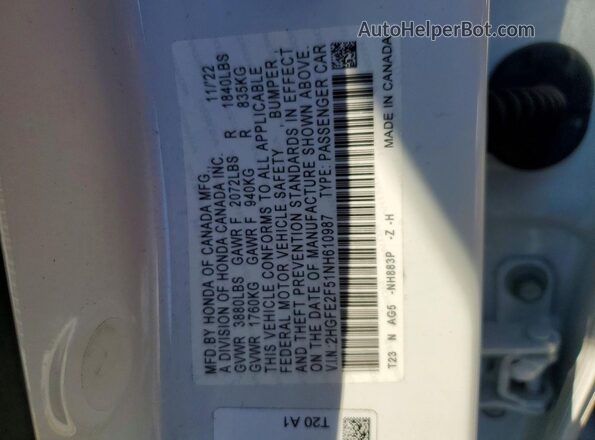 2HGFE2F51NH610987 2022 HONDA CIVIC White 
