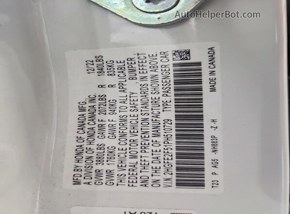 2HGFE2F51PH510729 2023 HONDA CIVIC White 