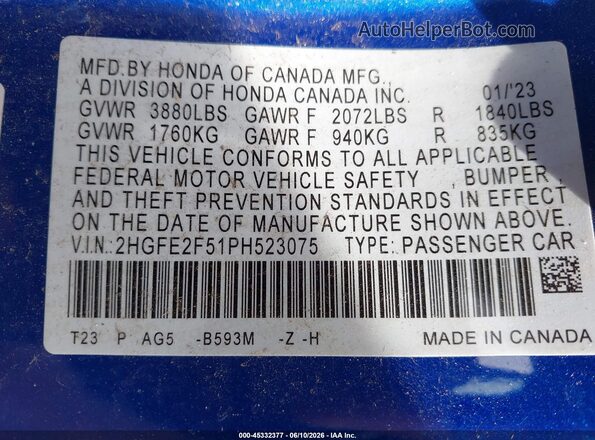 2HGFE2F51PH523075 2023 HONDA CIVIC Blue Widok komory silnika