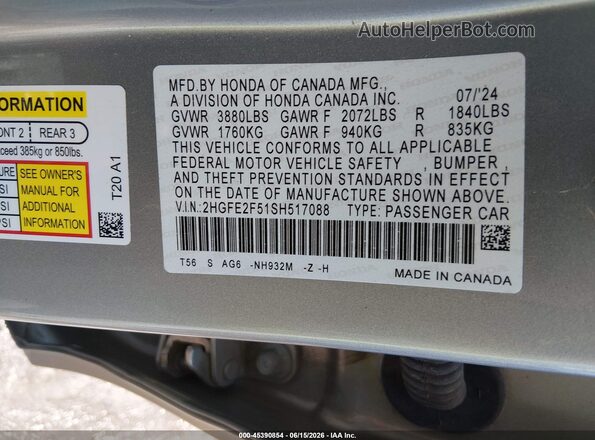 2HGFE2F51SH517088 2025 HONDA CIVIC Silver Շարժիչի բաժամունքի տեսք