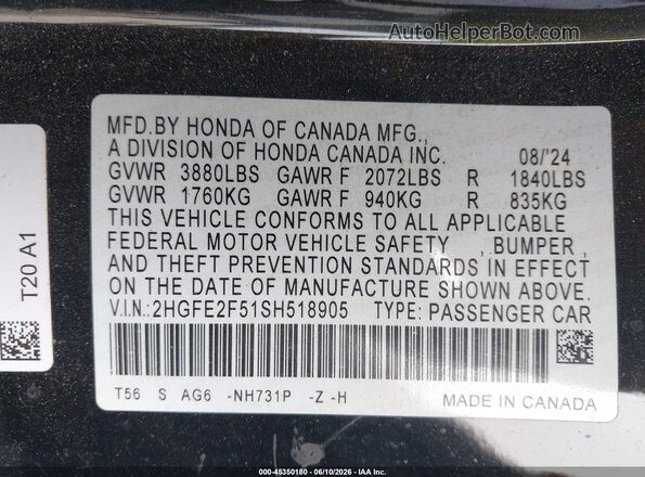 2HGFE2F51SH518905 2025 HONDA CIVIC Black ძრავის განყოფილების ხედი