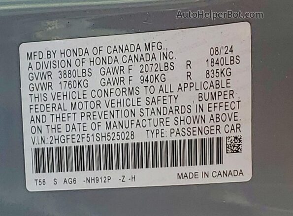 2HGFE2F51SH525028 2025 HONDA CIVIC Gray 
