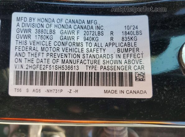 2HGFE2F51SH536613 2025 HONDA CIVIC Black VIN կոդի պիտակի տեսք