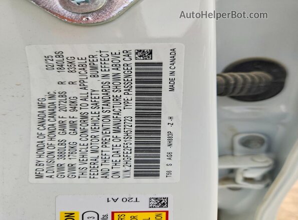 2HGFE2F51SH572723 2025 HONDA CIVIC White VIN կոդի պիտակի տեսք